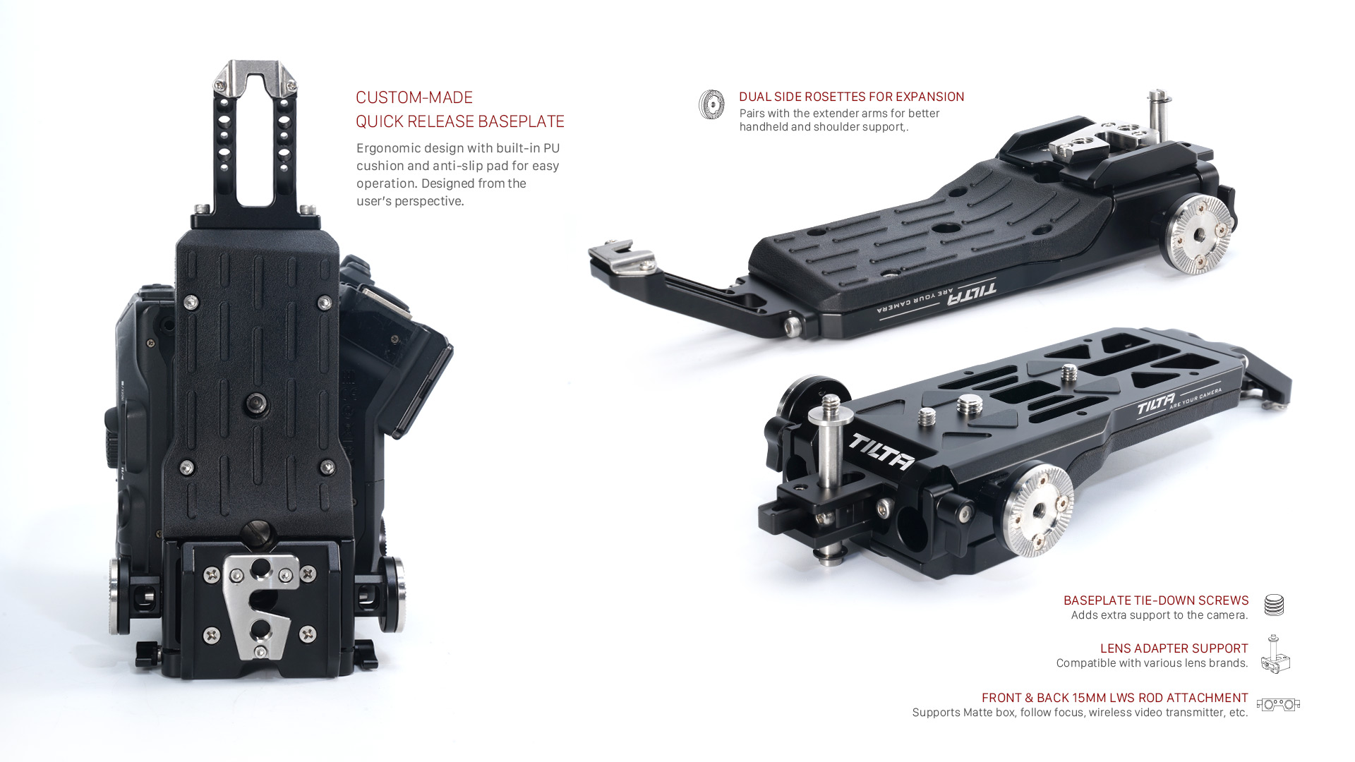 custom-made quick release baseplate + hardware features